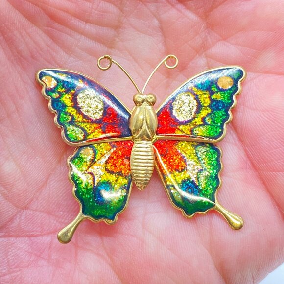 Vtg Monarch Butterfly Enamel Brooch Pin Glittery Multicolor Gold Tone Set of 2 - Picture 4 of 7